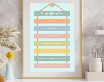 Daily Positive Affirmations Poster, Printable Self Care Wall Art