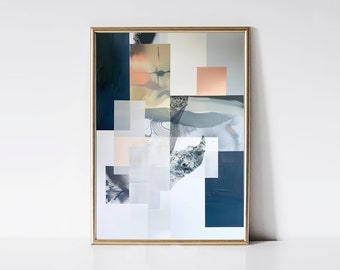 May include: Abstract art print in a gold frame. The artwork features a collage of geometric shapes in shades of navy, white, gray, blush, and copper. The artist's name, "HooteART," is printed in black at the bottom of the frame.