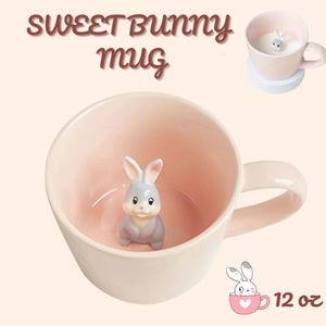 Rabbit Ceramic Cup Hidden 3D Animal Inside Mug,Cute Cartoon Bunny Handmade Figurine Mug,12 OZ (Pink)