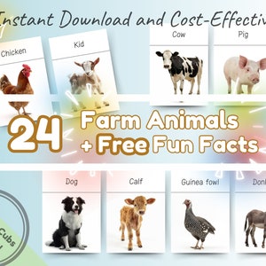 24 Tarjetas didácticas Montessori de animales de granja con datos curiosos: Tarjetas didácticas imprimibles, educativas y divertidas para niños pequeños, preescolares y niños