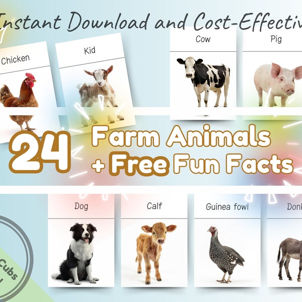 24 Montessori Farm Animals + Fun Facts Flashcards - Educational & Fun Preschool Printable Cards - Instant Download for Toddlers