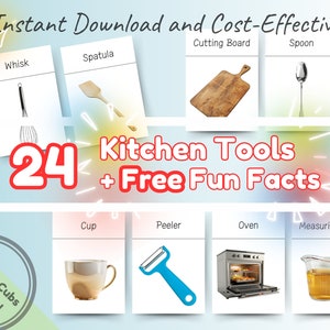 24 Flashcards Montessori de ferramentas de cozinha com curiosidades: cartões flash educativos e divertidos para impressão para bebês, pré-escolares e crianças