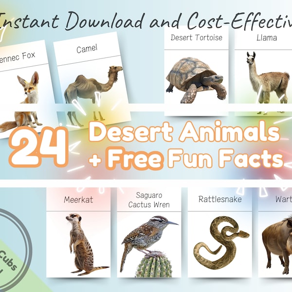 24 Desert Animals Montessori Flashcards with Fun Facts: Educational & Fun Printable Flash Cards for Toddlers, Preschoolers, and Kids