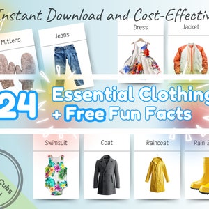 24 Flashcards Montessori de roupas essenciais com curiosidades: cartões flash educativos e divertidos para impressão para bebês, pré-escolares e crianças