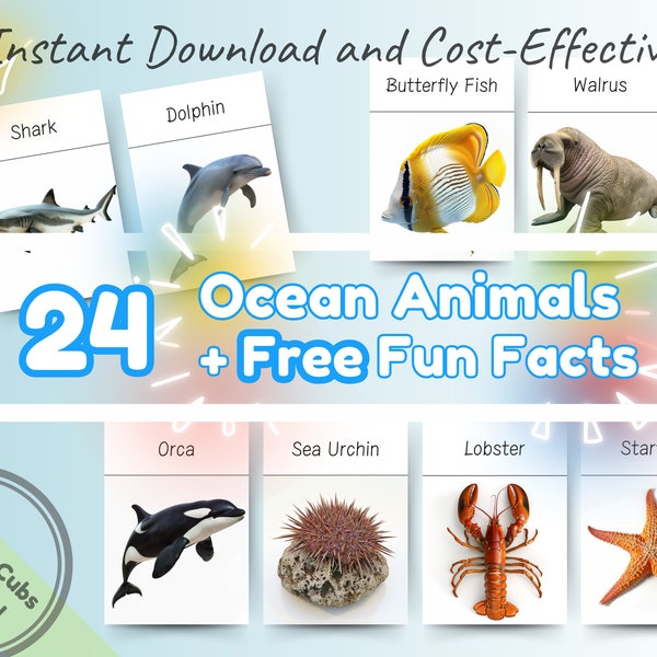 24 Ocean Animals Montessori Flashcards with Fun Facts: Educational & Fun Printable Flash Cards for Toddlers, Preschoolers, and Kids