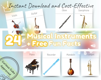 Op de afbeelding: Een set van 24 printbare flashcards met illustraties van muziekinstrumenten, waaronder een viool, gitaar, hobo, saxofoon, piano, recorder, mandoline en trompet. De tekst "24 Muziekinstrumenten + Gratis leuke weetjes" wordt weergegeven op een gele banner.