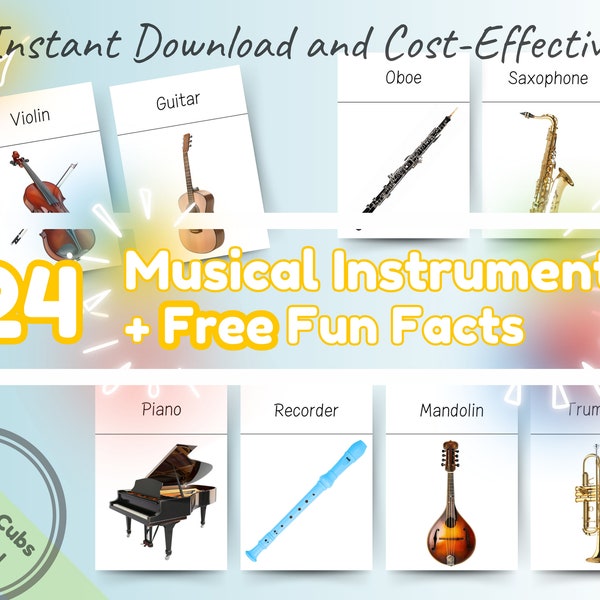 24 Montessori Musical Instruments Flashcards + Fun Facts - Educational Cards for Toddlers and Kids - Printable Instant Download