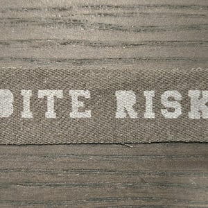 May include: A rectangular olive green fabric patch featuring the text BITE RISK printed in a bold white sans-serif font. The patch has a visible woven texture and straight, finished edges, designed for attachment to clothing or gear.