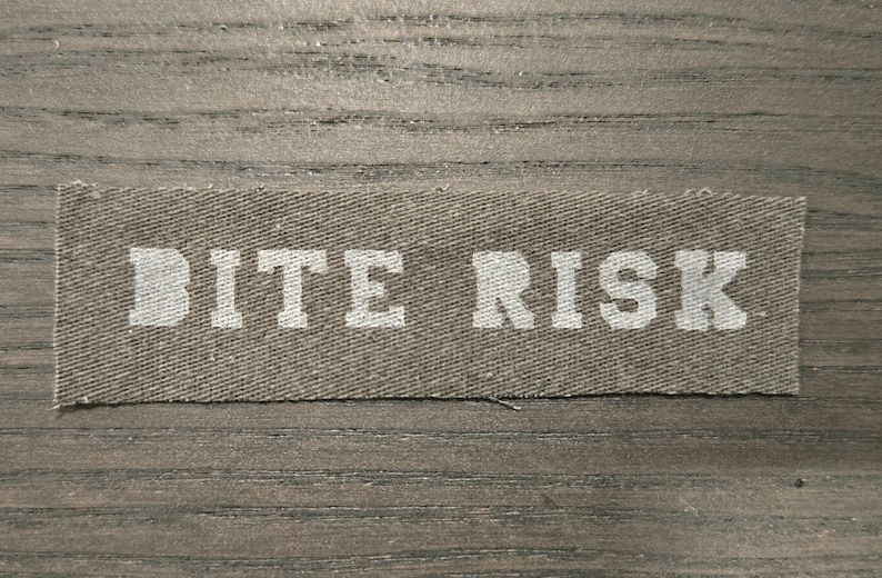 May include: A rectangular olive green fabric patch featuring the text BITE RISK printed in a bold white sans-serif font. The patch has a visible woven texture and straight, finished edges, designed for attachment to clothing or gear.