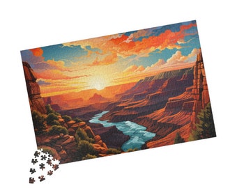 Könnte beinhalten: Ein Sonnenuntergang über einem Canyon mit einem Fluss, der sich durch ihn schlängelt. Der Himmel ist eine Mischung aus Orange, Rosa und Blau. Die Canyonwände sind rotbraun.