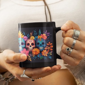 Day of the Dead Sugar Skulls Mug Halloween Coffee Cup  Dia de los Muertos Gothic Kitchen Decor Spooky Drinkware Unique Gift for Skull lover