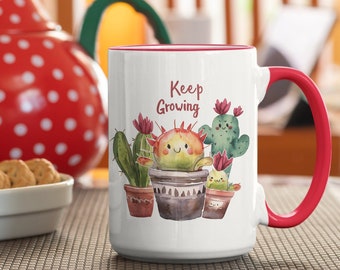 Cute plant mug keep growing plant lover inspirational positive motivational gardening green thumb coffee tea gift Two-Tone Coffee Mugs 15oz