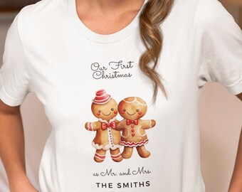Our First Christmas Personalized Newlywed holiday shirt Christmas t-shirt Gingerbread wedding gift bridal gift Unisex Softstyle T-Shirt