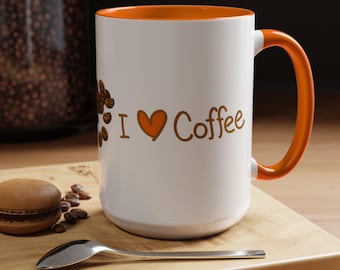 Coffee Mug, Coffee Lover Gift, Whimsical Mug, Heart Mug, Coffee Beans Mug, Kitchen Decor