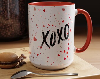 Heart Accent Coffee Mug, Valentine XOXO Whimsical Gift for Girlfriend Boyfriend, Morning Tea, for the  hubby or wifey  11oz Ceramic Cup