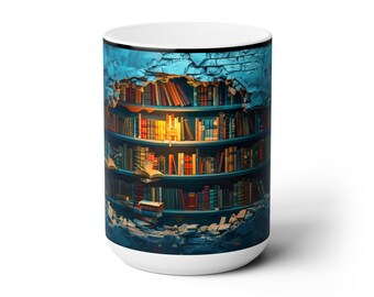 May include: White ceramic mug featuring a detailed illustration of a bookshelf filled with books. The design includes a blue brick wall with a section seemingly broken away, revealing the books. The mug has a black rim and a white base.