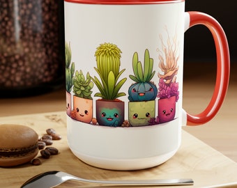 Succulent mug coffee succulent lover plant lover trendy gardener cute gift for her cactus tea cup colorful   Two-Tone Coffee Mugs, 15oz