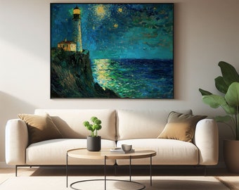 Vuurtorenolieverfschilderij in Van Gogh-stijl: sterrennachtzeegezicht (digitale download)