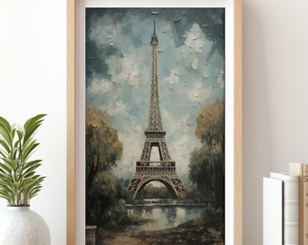 Eiffel Tower - vintage, rustic and panoramic oil painting of the Parisian icon.