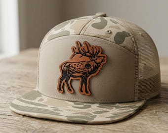 Bugling Elk Hat, Mountain Elk Hunting 7 Panel Flat Bill Camo Trucker Cap, Engraved Wilderness Patch, Richardson Snapback, Elk Hunter Gift