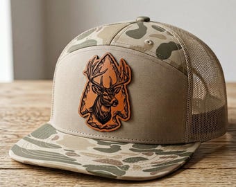 Arrowhead Buck Hat, Whitetail Deer 7 Panel Flat Bill Camo Trucker Cap, Engraved Antler Patch, Richardson Snapback, Deer Hunter Gift for Dad