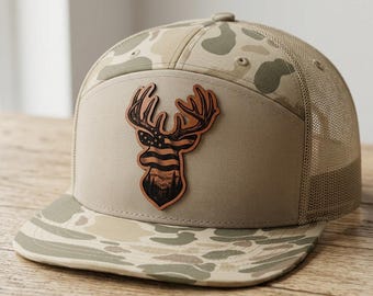 American Flag Buck Hat, Patriotic Whitetail Deer 7 Panel Flat Bill Camo Cap, Engraved Forest Antler Patch, Richardson Snapback, Hunter Gift