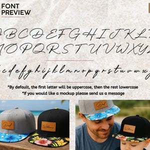 May include: Font preview showing cursive uppercase and lowercase letters. Two baseball caps with leather patches are displayed, one grey and one black, both with floral patterned brims. The text "Dad" and "Williams" are visible on the patches.