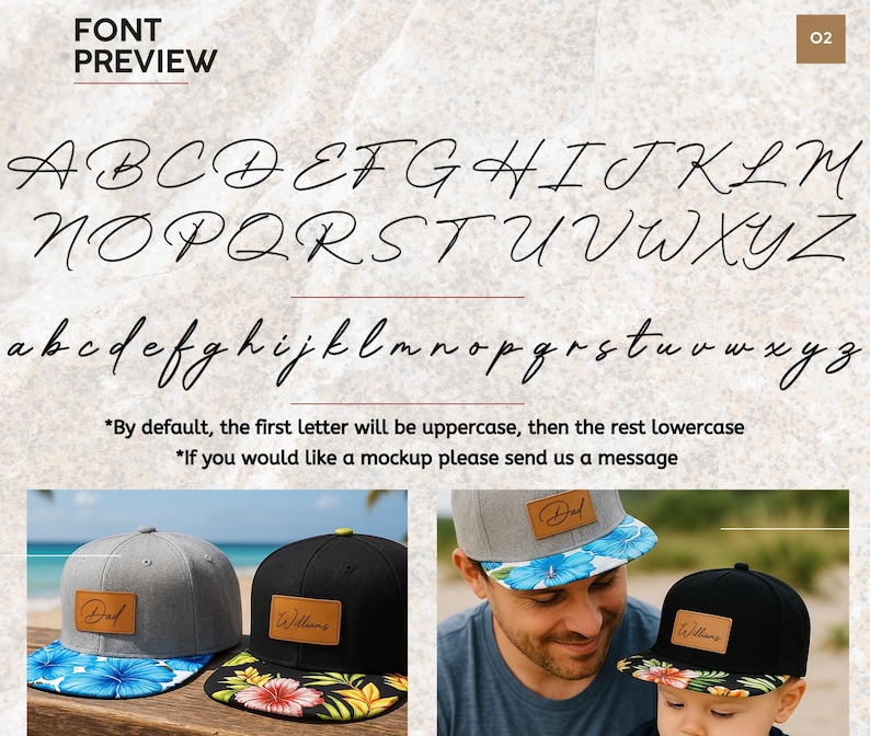 May include: Font preview showing cursive uppercase and lowercase letters. Two baseball caps with leather patches are displayed, one grey and one black, both with floral patterned brims. The text "Dad" and "Williams" are visible on the patches.
