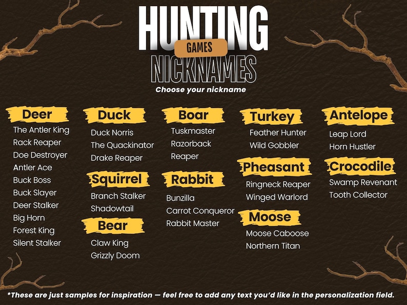 以下が含まれることがあります： 「HUNTING GAMES NICKNAMES」のテキストと、鹿、アヒル、イノシシなどのさまざまな動物のニックネームのリストが記載された濃い茶色のグラフィック。 「ニックネームを選んでください」というテキストも表示されています。
