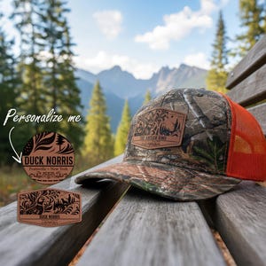 Personalized Hunting Hat with Leather Patch – Custom Richardson 112 Realtree, Mossy Oak Camo Trucker Cap – Deer, Duck, Turkey Hunter Gift