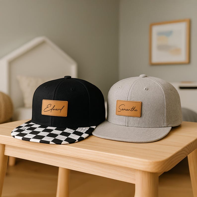 May include: Two baseball caps on a wooden surface. One is black with a checkered brim and a leather patch that says "Edward". The other is grey with a leather patch that says "Samantha".