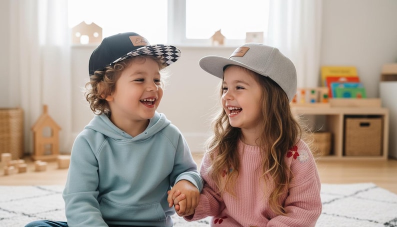 May include: Two children wearing caps and smiling. One child wears a black cap with a chequered brim, the other a grey cap. The children are wearing a light blue hoodie and a pink sweater, respectively. They are holding hands.