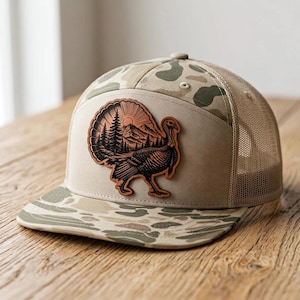Strutting Turkey Mountain Hat, Wild Turkey Hunting 7 Panel Flat Bill Camo Cap, Engraved Sunrise Wilderness Patch, Richardson Snapback, Gift
