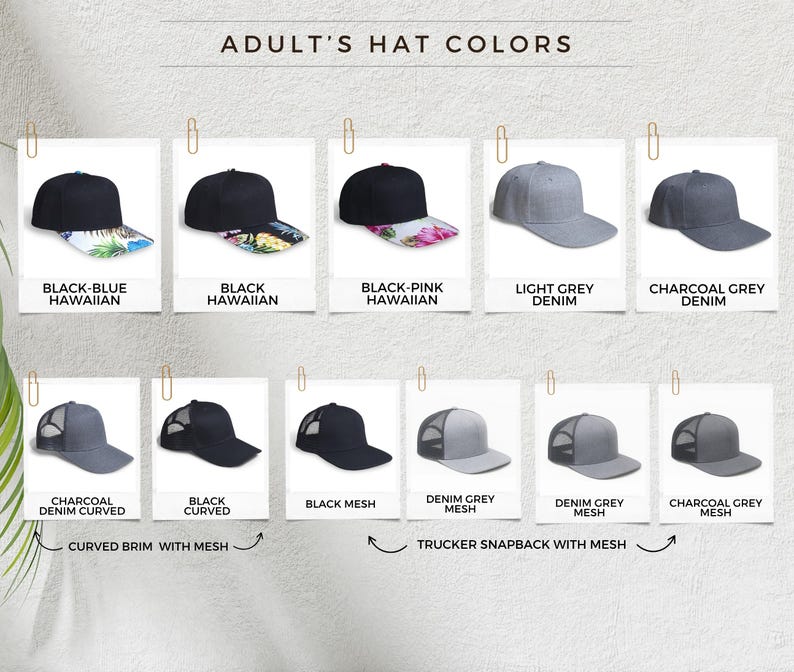 May include: A selection of adult hats, including baseball caps and trucker snapbacks, in various colours. The hats are shown in black, light grey, and charcoal grey, with some featuring Hawaiian-themed brims. The text "ADULT'S HAT COLORS" is at the top.