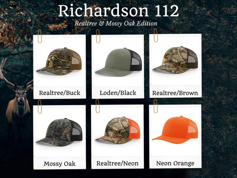 以下が含まれることがあります： 6つのRichardson 112トラック運転手用キャップのディスプレイ。キャップは、オリーブグリーンやネオンオレンジなどの無地の色とともに、さまざまなRealtreeとMossy Oakのカモフラージュパターンを特徴としています。「Richardson 112」と「Realtree & Mossy Oak Edition」の文字が見えます。