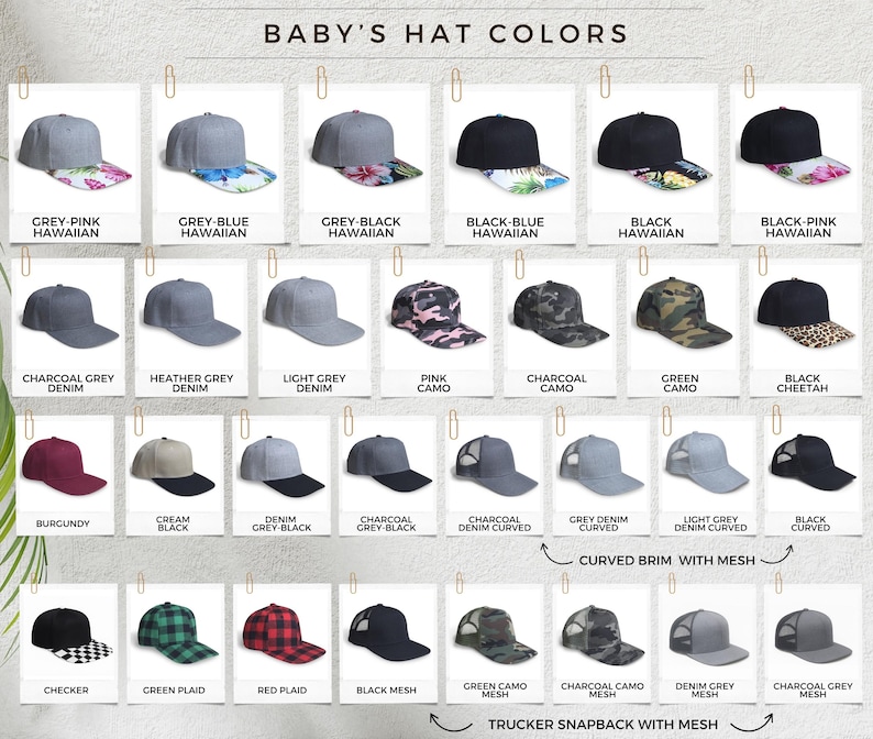 May include: A selection of baby hats in various colours and patterns. The hats feature solid colours, floral prints, camouflage, and checkered designs. The text "BABY'S HAT COLORS" is at the top. Styles include curved brim and trucker snapback.