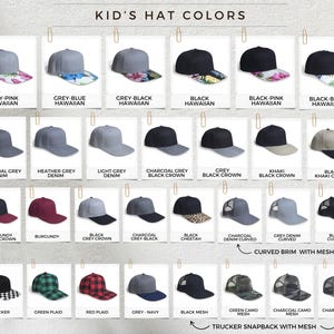 May include: A selection of children's hats in a variety of colours and designs. The hats include snapbacks, trucker hats with mesh, and curved brim styles. The text "KID'S HAT COLORS" is displayed at the top.