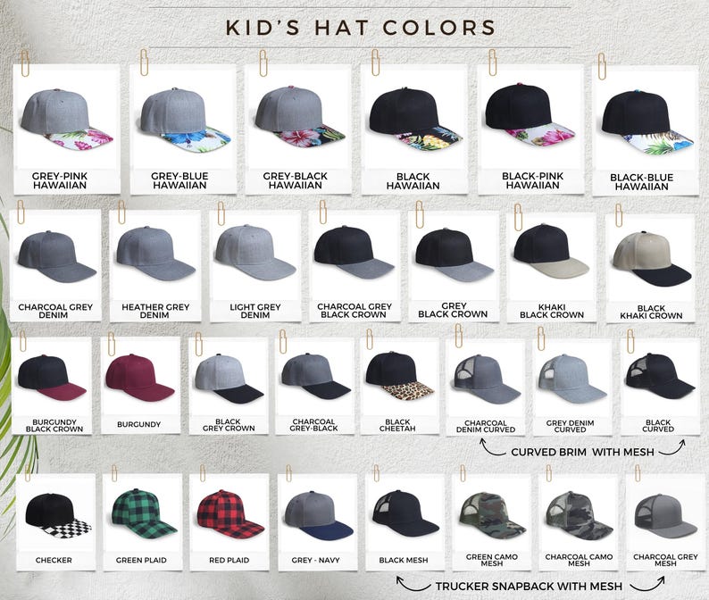 May include: A selection of children's hats in a variety of colours and designs. The hats include snapbacks, trucker hats with mesh, and curved brim styles. The text "KID'S HAT COLORS" is displayed at the top.