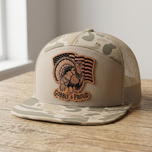 Gobble Up Turkey Hat, Funny Wild Turkey Hunting 7 Panel Flat Bill Camo Trucker Cap, Engraved Gobbler Patch, Richardson Snapback, Hunter Gift