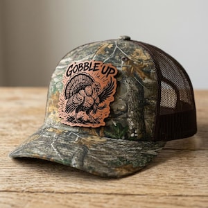 Gobble Up Turkey Hat, Funny Wild Turkey Hunting Realtree Camo Trucker Cap, Engraved Gobbler Patch, Richardson Snapback, Turkey Hunter Gift