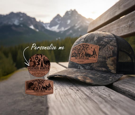 Personalized Hunting Hat with Leather Patch – Custom Richardson 112 Realtree, Mossy Oak Camo Trucker Cap – Deer, Duck, Turkey Hunter Gift