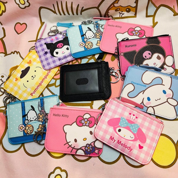 Kawaii Sanrio Kuromi Cinnamoroll Hello Kitty Pochaccco Melody Pompom Card Holder Coin Purse With Keychain Pendant