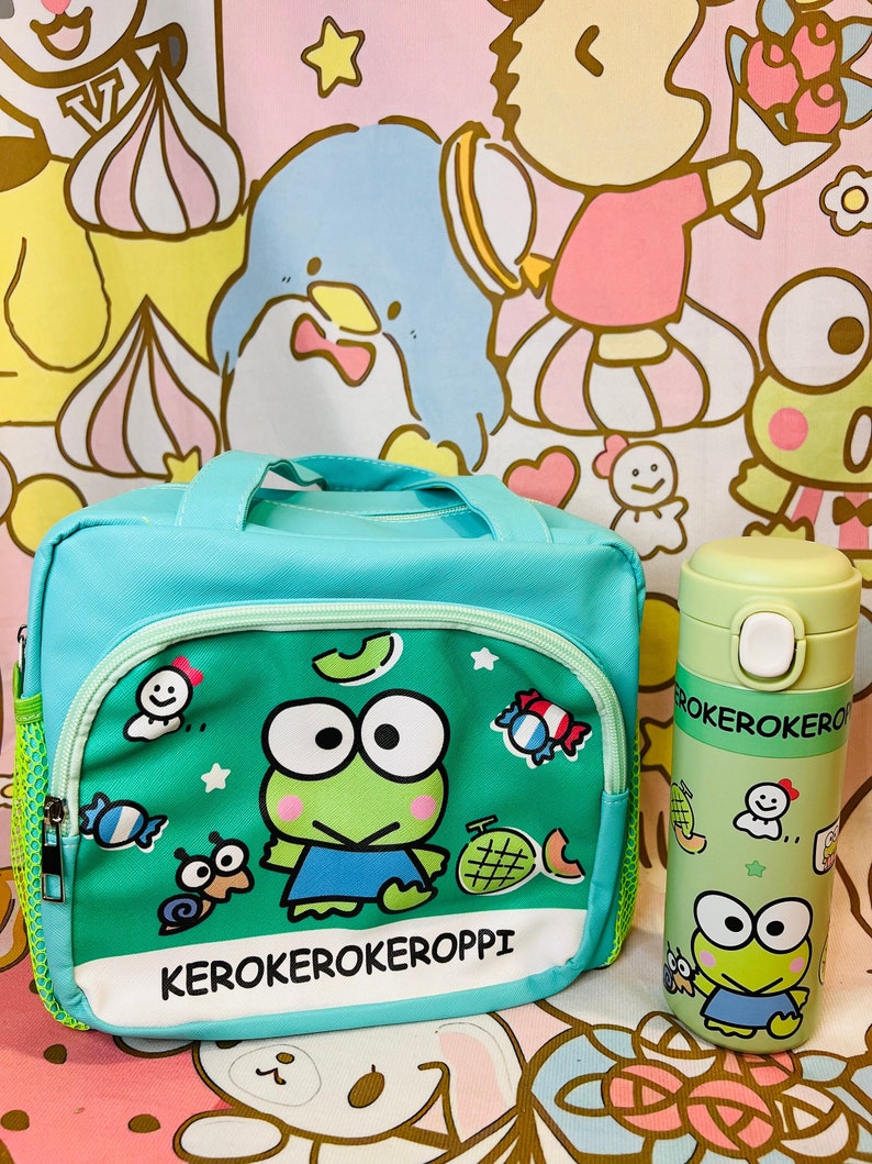 Cute Keroppi Lunch Bag and Water Bottle Set Large Capacity Bag School