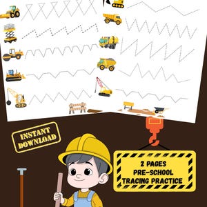 Stille tijd-activiteit voor kinderen van 2-5 jaar | Werkbladen voor het traceren van bouwvoertuigen voor peuters | Travel Activity Busy Binder | Vooraf schrijven van pdf