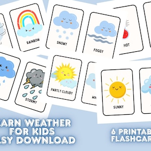 Flashcards météo imprimables | Cartes de vocabulaire pour tout-petits | Apprendre les mots météo | PDF éducatif préscolaire