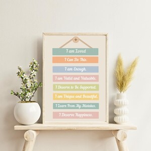 Boho Kids Affirmation Wall Art Printable – Mindfulness Poster with 8 Positive Affirmations – Digital Download for Nursery or Playroom Decor