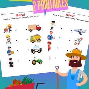 Berufe & Fahrzeuge Zuordnung | 2-seitiges Vorschul-Arbeitsblatt | Lernspiel für Kinder | PDF Sofort-Download