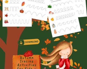 May include: A colorful illustration featuring autumn-themed tracing activities for kids. The image includes worksheets with tracing lines and fall objects like pumpkins and leaves. A sign reads "Autumn Tracing Activities for Kids - Print & Play."