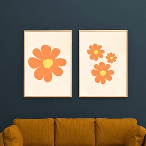 Retro Orange Daisy Wall Art for Girls Room – Kids Printable Flower Poster Set | Boho 70s Aesthetic Nursery & Playroom Decor