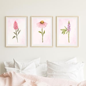 Set of 3 Pink Flower Prints | Botanical Wall Art | Floral Posters for Girls Bedroom, Nursery, or Feminine Decor | Minimalist Boho Wall Art